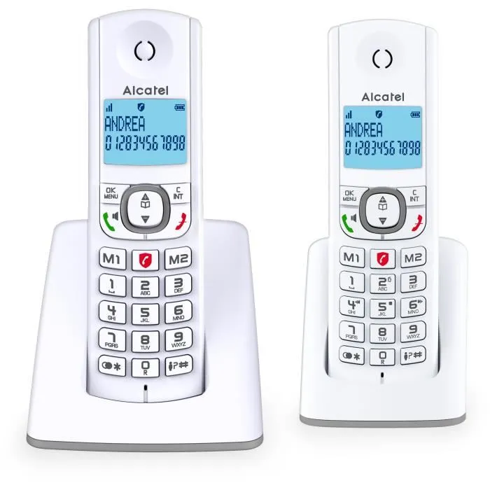 Alcatel F530 Duo Téléphone DECT sans fil avec 2 combinés, fonction blocage d'appels, mains libres, 2 mémoires directes, écran rétroéclairé - Blanc/Bleu Alcatel F530 Duo Téléphone DECT sans fil avec 2 combinés, fonction blocage d'appels, mains libres, 2 mémoires directes, écran rétroéclairé - Blanc/Bleu