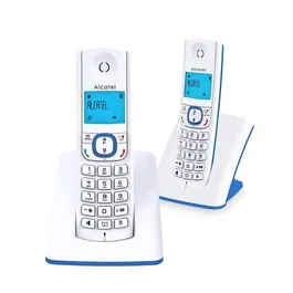 Alcatel F530 Duo Téléphone DECT sans fil avec 2 combinés, fonction blocage d'appels, mains libres, 2 mémoires directes, écran rétroéclairé - Blanc/Bleu