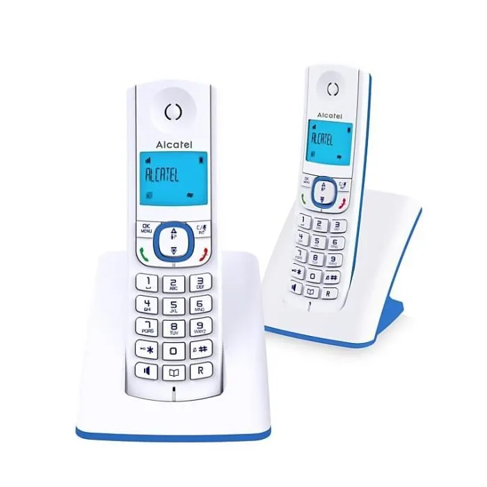 Alcatel F530 Duo Téléphone DECT sans fil avec 2 combinés, fonction blocage d'appels, mains libres, 2 mémoires directes, écran rétroéclairé - Blanc/Bleu Alcatel F530 Duo Téléphone DECT sans fil avec 2 combinés, fonction blocage d'appels, mains libres, 2 mémoires directes, écran rétroéclairé - Blanc/Bleu