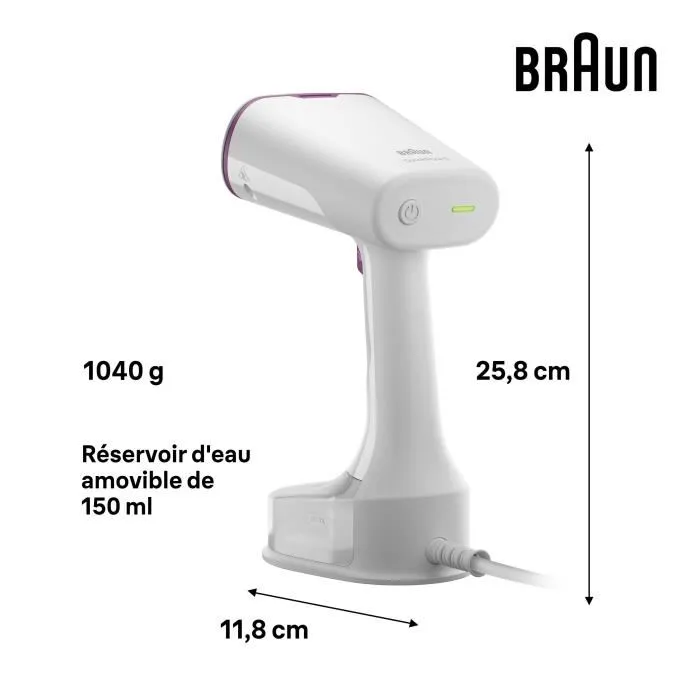 Braun GS5011PU Défroisseur vertical vapeur 1200 W, 22 g/min, QuickStyle 5, semelle incurvée, blanc et violet