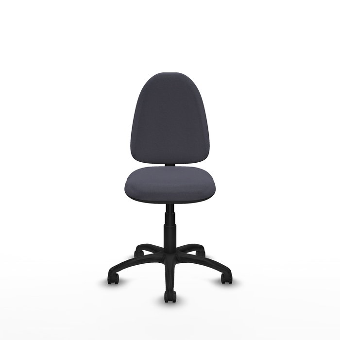 Chaise de bureau Aýna avec mécanisme de contact permanent de base, recouverte de tissu gris foncé. Équipée d'une base en polyamide noir, sans accoudoirs et avec roulettes pour parquet