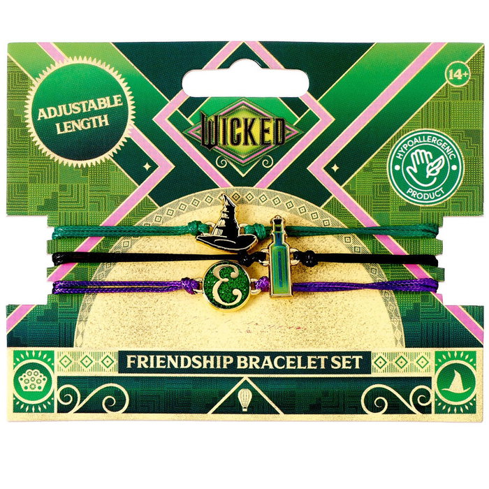THE CARAT SHOP Set de 2 Bracelets Ajustables Wicked - Elphaba et Glinda avec Charme Chapeau, Fiole et Initial E en Alliage de Zinc, 15 cm