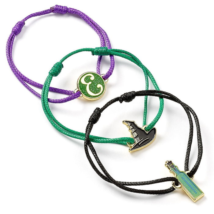THE CARAT SHOP Set de 2 Bracelets Ajustables Wicked - Elphaba et Glinda avec Charme Chapeau, Fiole et Initial E en Alliage de Zinc, 15 cm