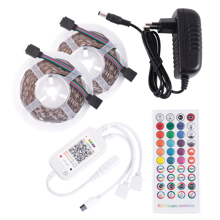 Kit Ruban LED RGB 10m 72W 3000Lm 300 LEDs avec Contrôle Bluetooth et Télécommande Kit Ruban LED RGB 10m 72W 3000Lm 300 LEDs avec Contrôle Bluetooth et Télécommande