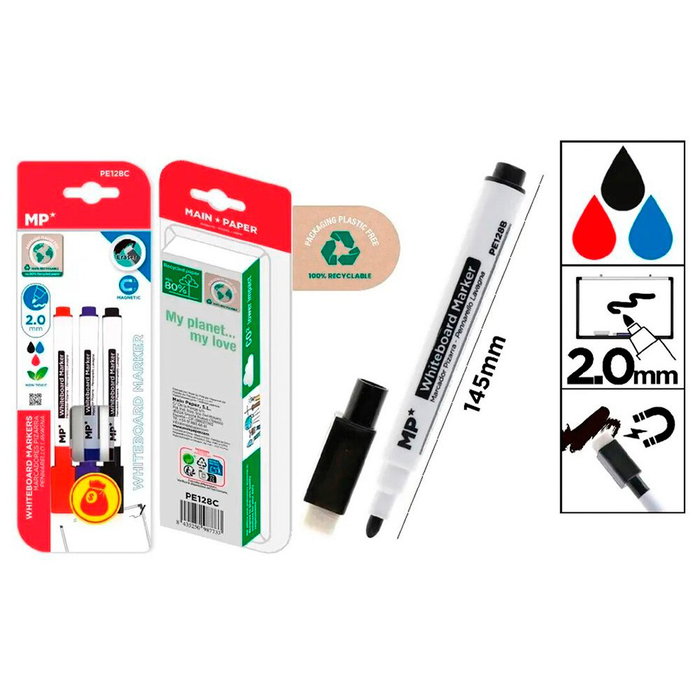 MP Set de 3 marqueurs pour tableau blanc avec effaceur, rouge, bleu et noir MP Set de 3 marqueurs pour tableau blanc avec effaceur, rouge, bleu et noir