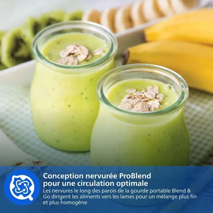 Philips HR2670/01 - Blender Mixeur Gourde 0,6L Blanc Série 3000 Blend & Go - 350W Moteur Durable avec Technologie ProBlend pour Smoothies et Milkshakes