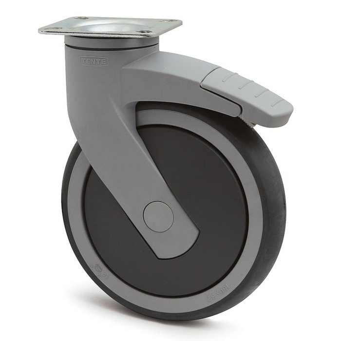 TENTE Roulette pivotante Levina Ø150mm, plaque 77x67, bande de caoutchouc avec frein et protection anti-fil, polypropylène, charge max 100kg