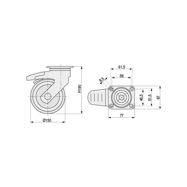 TENTE Roulette pivotante Levina Ø150mm, plaque 77x67, bande de caoutchouc avec frein et protection anti-fil, polypropylène, charge max 100kg