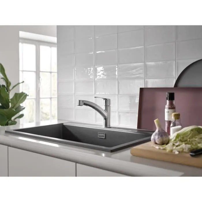 GROHE Start Robinet de cuisine mitigeur Grohe Start à douchette extractible, jet laminaire/puissant, bec bas pivotant 90°, QuickMount, Supersteel
