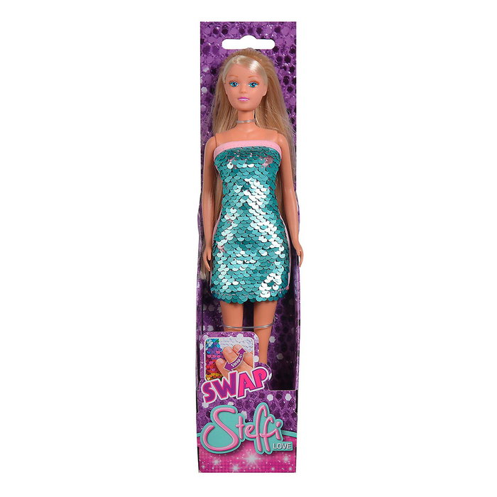 STEFFI Poupée Steffi Love Swap à Paillettes 29cm - Robe moderne qui change de couleur au toucher - Langues: Anglais, Français, Allemand, Italien, Portugais, Espagnol - Dès 3 ans