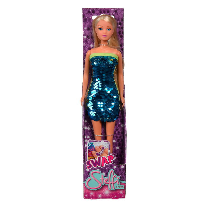 STEFFI Poupée Steffi Love Swap à Paillettes 29cm - Robe moderne qui change de couleur au toucher - Langues: Anglais, Français, Allemand, Italien, Portugais, Espagnol - Dès 3 ans