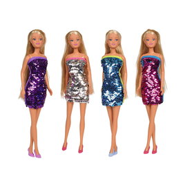 STEFFI Poupée Steffi Love Swap à Paillettes 29cm - Robe moderne qui change de couleur au toucher - Langues: Anglais, Français, Allemand, Italien, Portugais, Espagnol - Dès 3 ans