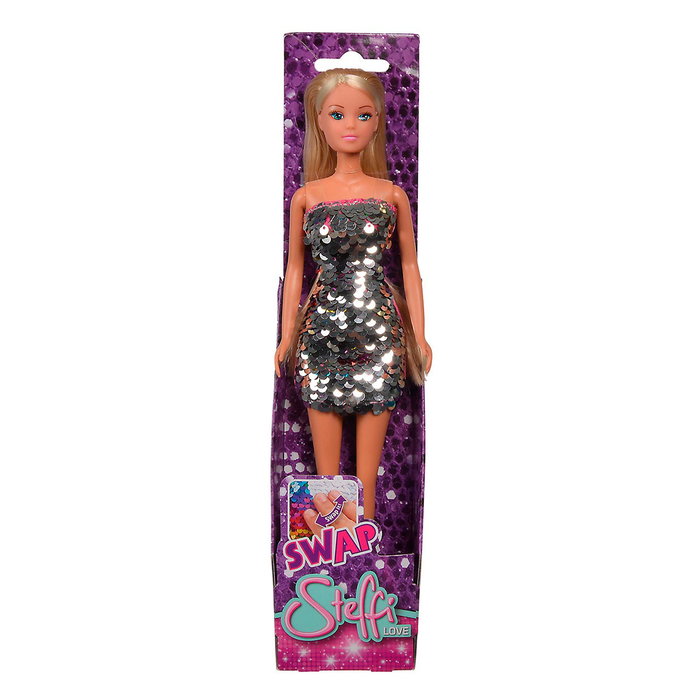 STEFFI Poupée Steffi Love Swap à Paillettes 29cm - Robe moderne qui change de couleur au toucher - Langues: Anglais, Français, Allemand, Italien, Portugais, Espagnol - Dès 3 ans