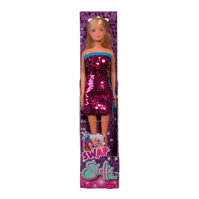 STEFFI Poupée Steffi Love Swap à Paillettes 29cm - Robe moderne qui change de couleur au toucher - Langues: Anglais, Français, Allemand, Italien, Portugais, Espagnol - Dès 3 ans