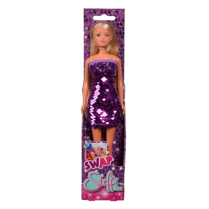STEFFI Poupée Steffi Love Swap à Paillettes 29cm - Robe moderne qui change de couleur au toucher - Langues: Anglais, Français, Allemand, Italien, Portugais, Espagnol - Dès 3 ans