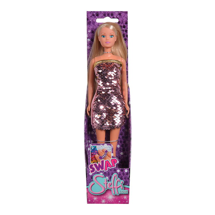 STEFFI Poupée Steffi Love Swap à Paillettes 29cm - Robe moderne qui change de couleur au toucher - Langues: Anglais, Français, Allemand, Italien, Portugais, Espagnol - Dès 3 ans