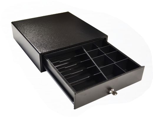 apg Cash Drawer ECD330B Tiroir-caisse avec insert à plat pour 8 pièces et 5 billets incliné