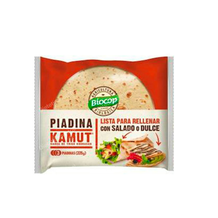 BIOCOP Piadina Kamut 225 Gr Bio - Pain plat à base de blé khorasan KAMUT®, sans gluten, idéal pour repas rapides - 3 unités BIOCOP Piadina Kamut 225 Gr Bio - Pain plat à base de blé khorasan KAMUT®, sans gluten, idéal pour repas rapides - 3 unités