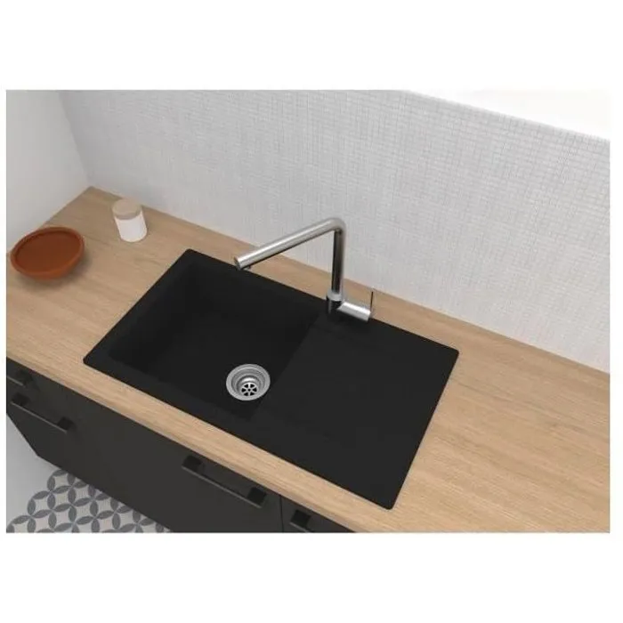 Stradour Evier 1 bac EINNA à encastrer, en SMC noir pailleté, dimensions 78 x 43,5 cm, vidage manuel et siphon inclus