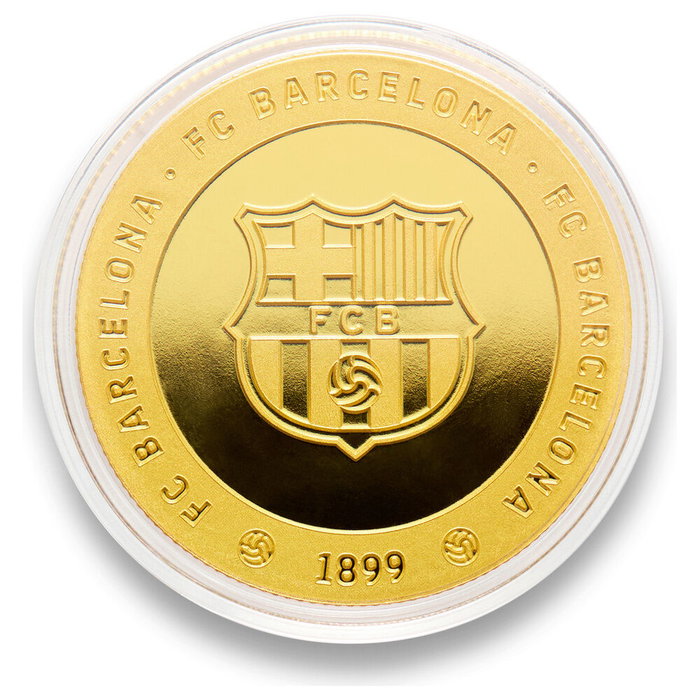 MOCILAB - Monnaie Commémorative FC Barcelone Barça en Alliage Zamak Doré avec Gravure Relief - Collection Sans Valeur Faciale dans Capsule Acrylique