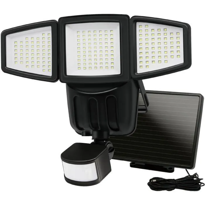 Galix G4442 Projecteur Solaire à 3 Têtes 1500 Lumens, 182 LED SMD, Détecteur de Présence, Panneau Solaire Déporté avec 3 Modes (Auto/Forcé), Lumière Blanche