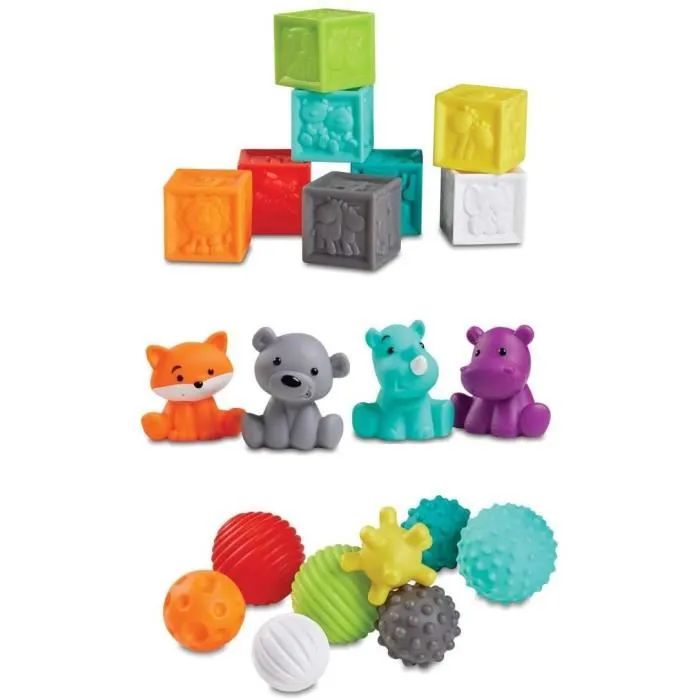 Infantino Set Sensoriel 20 Pièces - Set d'Éveil avec Balles, Animaux Aspergeurs et Cubes Colorés, Souples et Doux pour Bébé