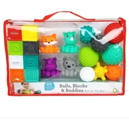 Infantino Set Sensoriel 20 Pièces - Set d'Éveil avec Balles, Animaux Aspergeurs et Cubes Colorés, Souples et Doux pour Bébé