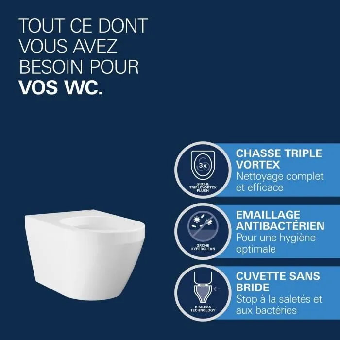 GROHE - Cuvette WC suspendue compact Euro Ceramic - Porcelaine vitrifiée - Sortie horizontale - Sans bride - Blanc