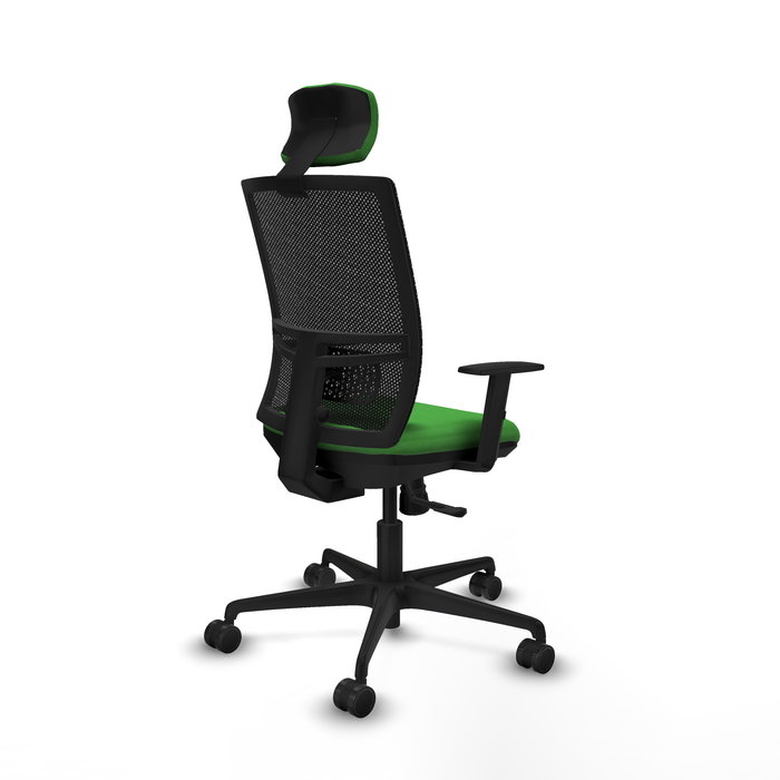 Chaise Yunquera Synchro 4 positions tissu Vert Maille Noir Base en nylon noir Accoudoir 1D Appui-tête 1D Roulettes 65mm nylon