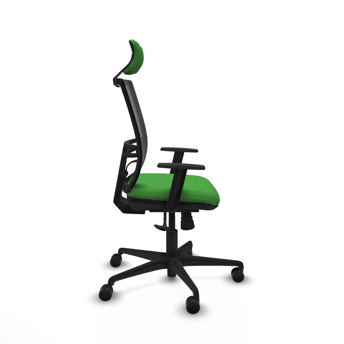 Chaise Yunquera Synchro 4 positions tissu Vert Maille Noir Base en nylon noir Accoudoir 1D Appui-tête 1D Roulettes 65mm nylon