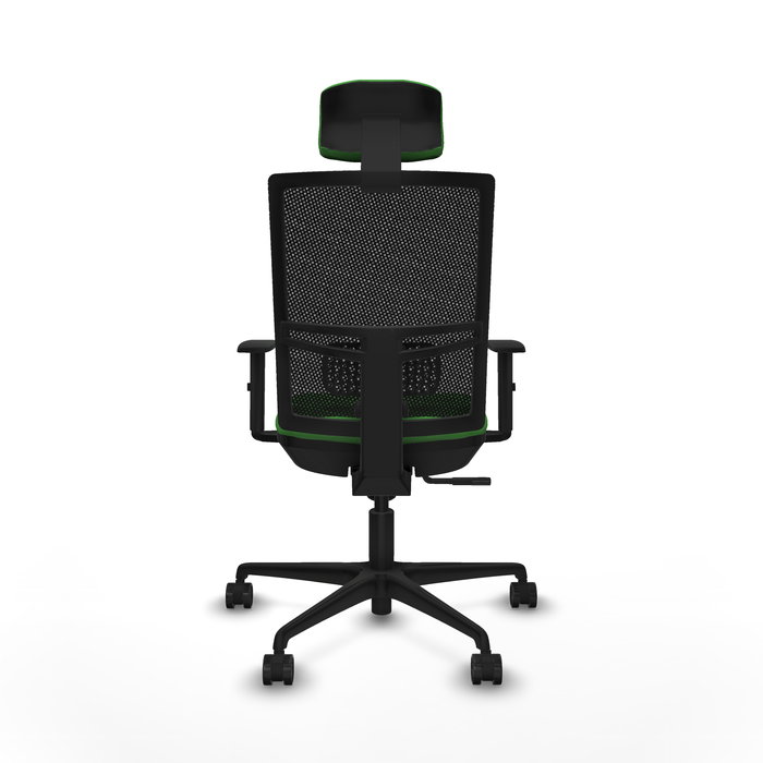 Chaise Yunquera Synchro 4 positions tissu Vert Maille Noir Base en nylon noir Accoudoir 1D Appui-tête 1D Roulettes 65mm nylon