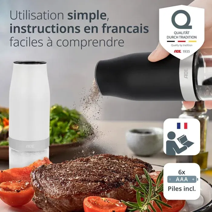 Ade Lot de 2 Moulins à Poivre et Sel Électriques - MILL - Réglage Continu, Commande à une Main avec LED, Alimentés par Piles, Verre/ABS, Noir & Blanc - 18.3 cm Ade Lot de 2 Moulins à Poivre et Sel Électriques - MILL - Réglage Continu, Commande à une Main avec LED, Alimentés par Piles, Verre/ABS, Noir & Blanc - 18.3 cm