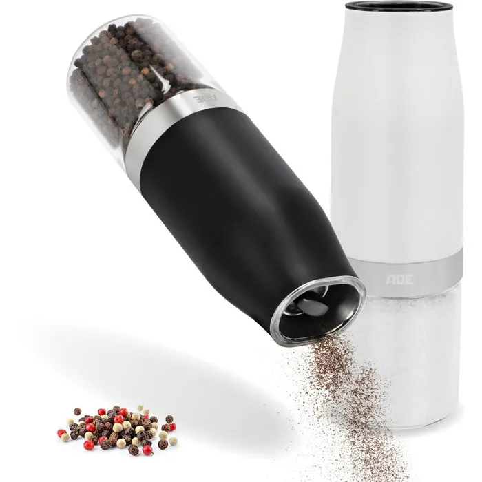 Ade Lot de 2 Moulins à Poivre et Sel Électriques - MILL - Réglage Continu, Commande à une Main avec LED, Alimentés par Piles, Verre/ABS, Noir & Blanc - 18.3 cm Ade Lot de 2 Moulins à Poivre et Sel Électriques - MILL - Réglage Continu, Commande à une Main avec LED, Alimentés par Piles, Verre/ABS, Noir & Blanc - 18.3 cm
