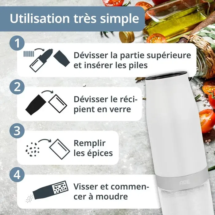 Ade Lot de 2 Moulins à Poivre et Sel Électriques - MILL - Réglage Continu, Commande à une Main avec LED, Alimentés par Piles, Verre/ABS, Noir & Blanc - 18.3 cm Ade Lot de 2 Moulins à Poivre et Sel Électriques - MILL - Réglage Continu, Commande à une Main avec LED, Alimentés par Piles, Verre/ABS, Noir & Blanc - 18.3 cm