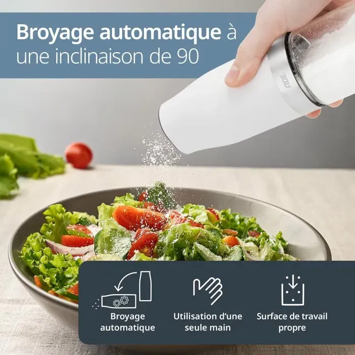 Ade Lot de 2 Moulins à Poivre et Sel Électriques - MILL - Réglage Continu, Commande à une Main avec LED, Alimentés par Piles, Verre/ABS, Noir & Blanc - 18.3 cm Ade Lot de 2 Moulins à Poivre et Sel Électriques - MILL - Réglage Continu, Commande à une Main avec LED, Alimentés par Piles, Verre/ABS, Noir & Blanc - 18.3 cm