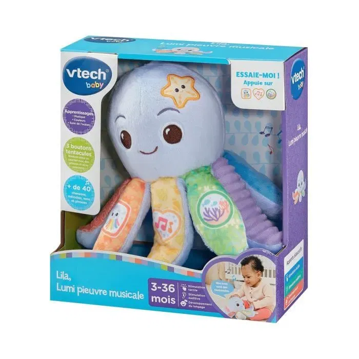 VTech Baby Lila Lumi Pieuvre Musicale Interactive et Lumineuse Peluche d'Éveil avec Sons, Chansons et Textures - Âge 3-36 mois