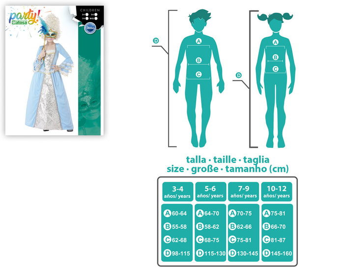 Déguisement d'époque - Cortisane Bleu Clair pour Fille 10-12 Ans - Costume avec Détails Dorés et Broderies