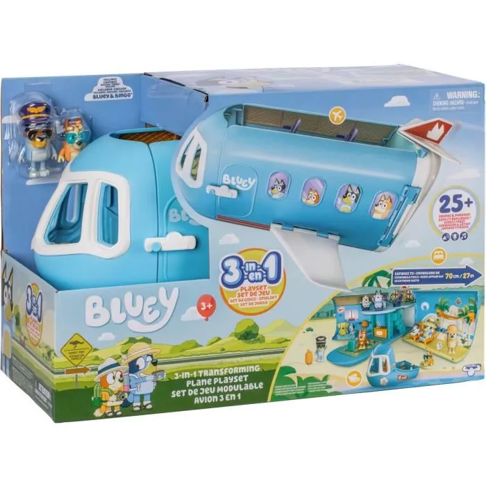 Bluey Avion 3 en 1 Transformable - Set de Jeu Géant 70 cm avec Figurines Articulées Bluey et Bingo, Hôtel Plage Piscine, Bateau, Sons et Accessoires - Jeu d'Imitation