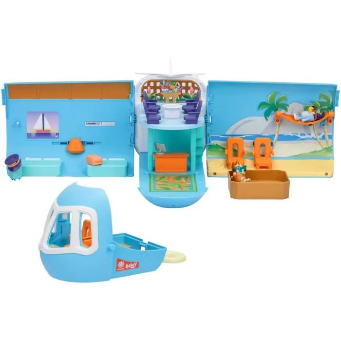 Bluey Avion 3 en 1 Transformable - Set de Jeu Géant 70 cm avec Figurines Articulées Bluey et Bingo, Hôtel Plage Piscine, Bateau, Sons et Accessoires - Jeu d'Imitation