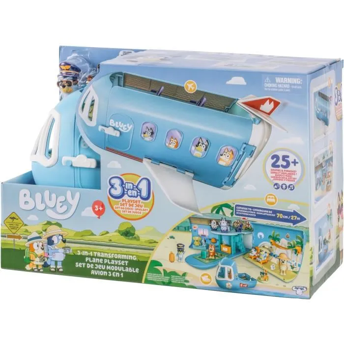 Bluey Avion 3 en 1 Transformable - Set de Jeu Géant 70 cm avec Figurines Articulées Bluey et Bingo, Hôtel Plage Piscine, Bateau, Sons et Accessoires - Jeu d'Imitation