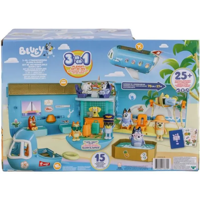 Bluey Avion 3 en 1 Transformable - Set de Jeu Géant 70 cm avec Figurines Articulées Bluey et Bingo, Hôtel Plage Piscine, Bateau, Sons et Accessoires - Jeu d'Imitation