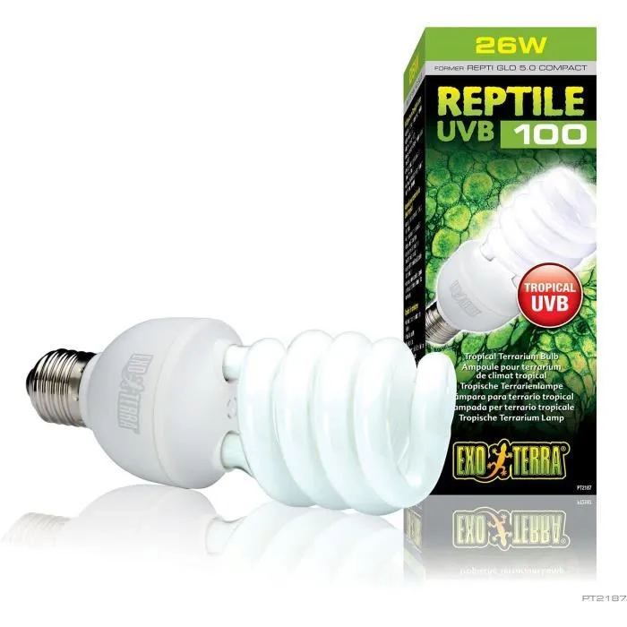 Exo Terra Ampoule UVB100 26W pour Terrarium - Lampe UVB Reptile Tropical et SubTropical pour Habitat, Éclairage UVA/UVB, Compatible Calcium et Vitamine D3