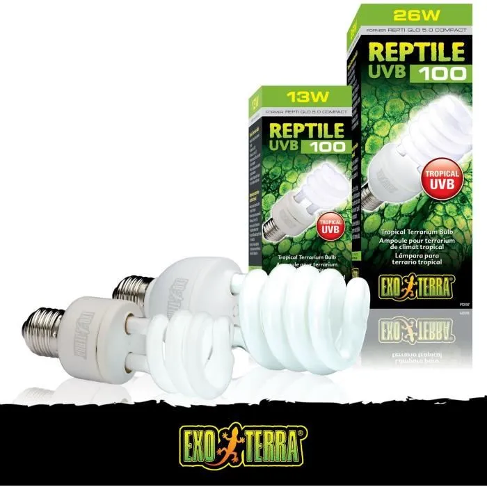 Exo Terra Ampoule UVB100 26W pour Terrarium - Lampe UVB Reptile Tropical et SubTropical pour Habitat, Éclairage UVA/UVB, Compatible Calcium et Vitamine D3