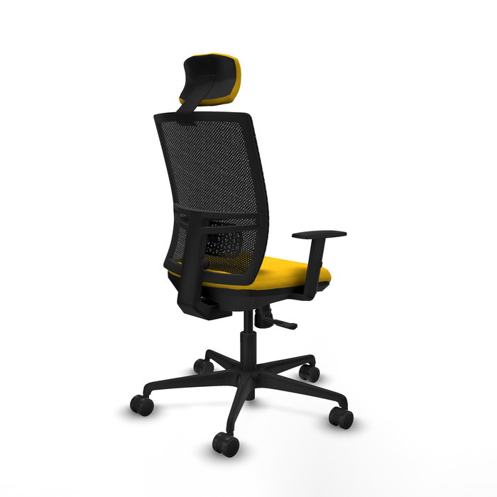 Chaise Yunquera Synchro 4 positions tissu Jaune Maille Noir Base en nylon noir Accoudoir 1D Appui-tête 1D Roulettes 65mm nylon