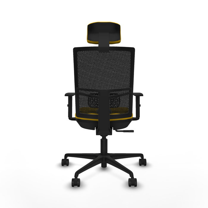 Chaise Yunquera Synchro 4 positions tissu Jaune Maille Noir Base en nylon noir Accoudoir 1D Appui-tête 1D Roulettes 65mm nylon