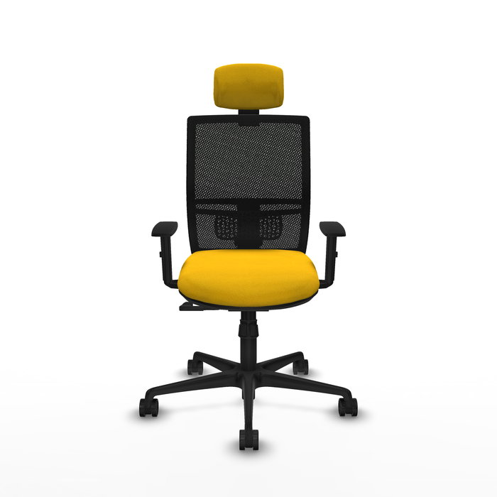 Chaise Yunquera Synchro 4 positions tissu Jaune Maille Noir Base en nylon noir Accoudoir 1D Appui-tête 1D Roulettes 65mm nylon