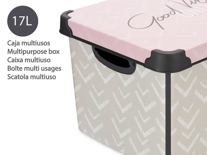 Kipit Boîte plastique 17L Vibes avec anse gris et rose 28x22x37 cm (Set de 12)