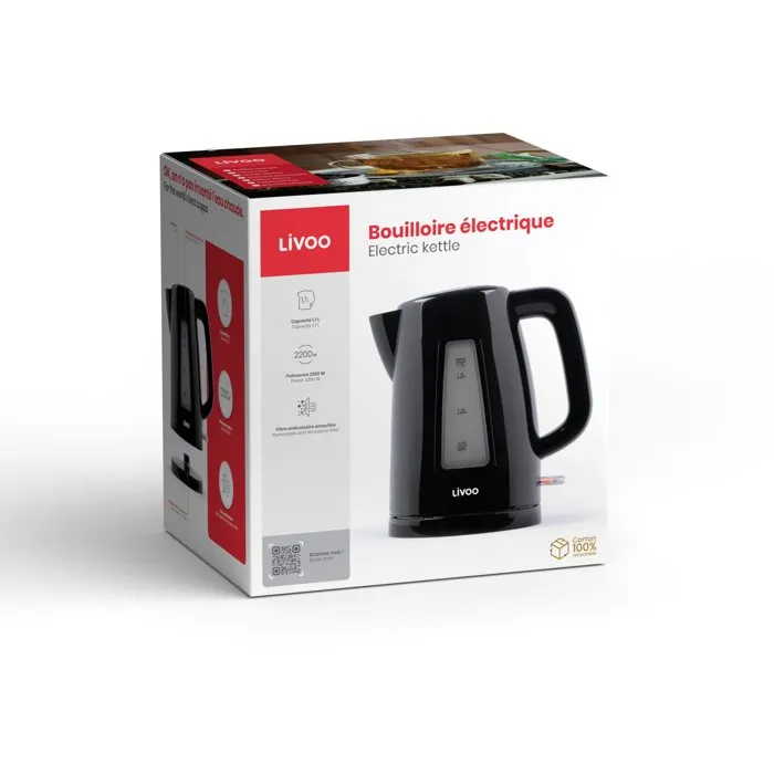 Livoo Bouilloire électrique DOD184N 2200 W 1.7 L Noir, base 360°, filtre anticalcaire amovible, arrêt automatique