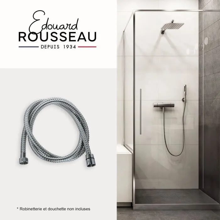 ROUSSEAU Flexible de Douche Inox Chromé 1,5 m avec Écrous Métal et Embouts Sertis de Sécurité - Résistance 25 kg - Livré avec Joints