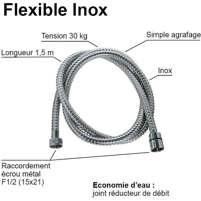 ROUSSEAU Flexible de Douche Inox Chromé 1,5 m avec Écrous Métal et Embouts Sertis de Sécurité - Résistance 25 kg - Livré avec Joints